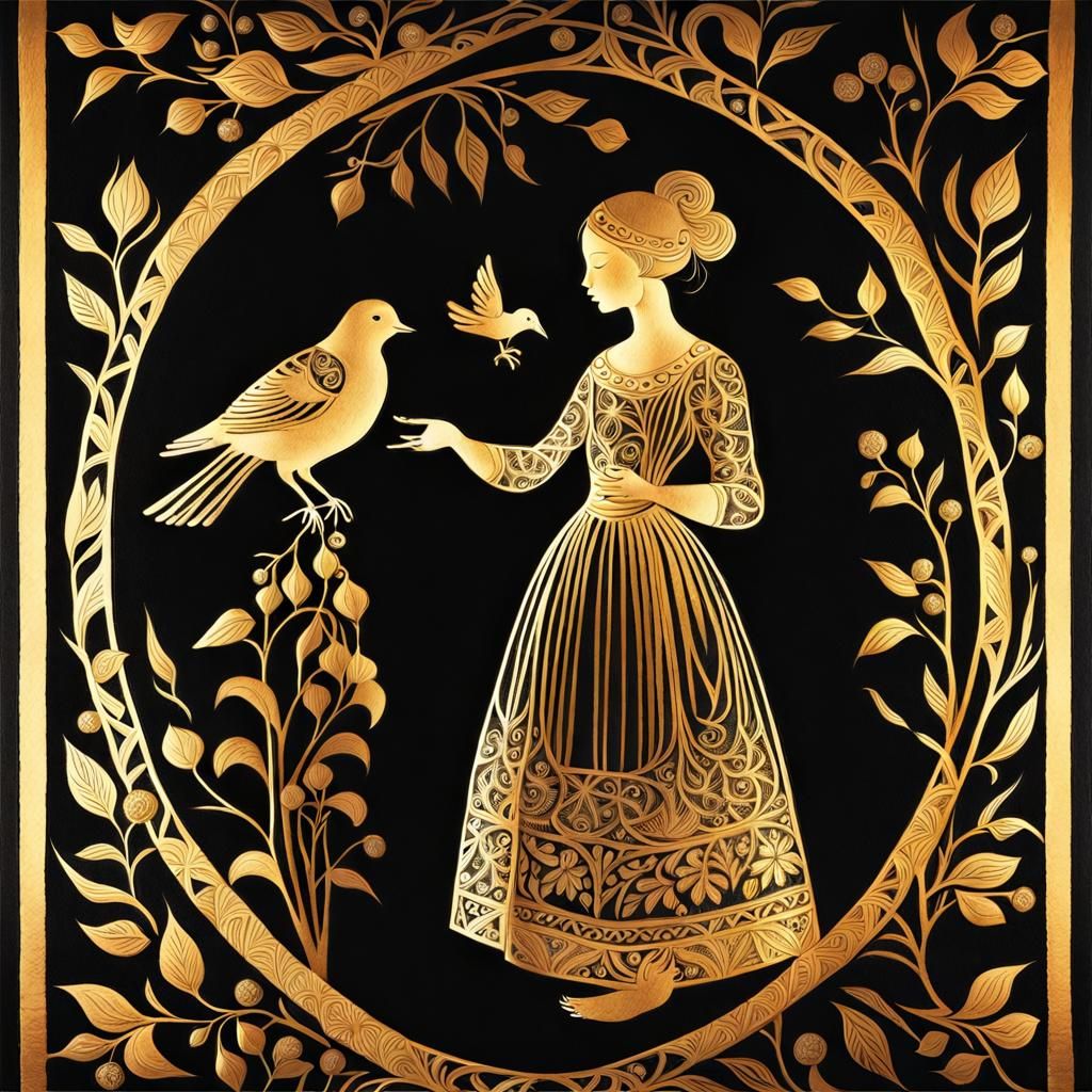 Girl with Bird Silhouette in Gold Ink Folk Art
