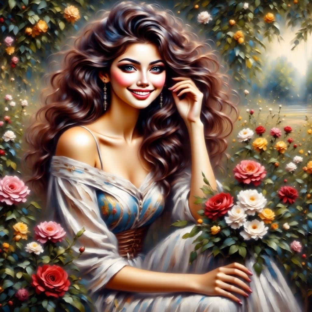 Rococo Garden Scene: Woman Picking Flowers in Golden Hour Li...