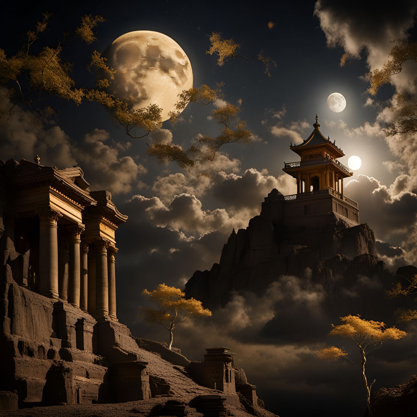 Golden Moon Rising in a Dark Sky