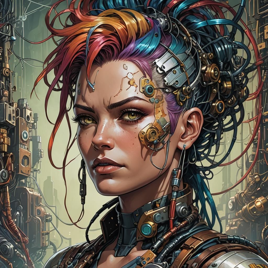 Steampunk Woman with Cybernetic Implants and Mohican Hair
