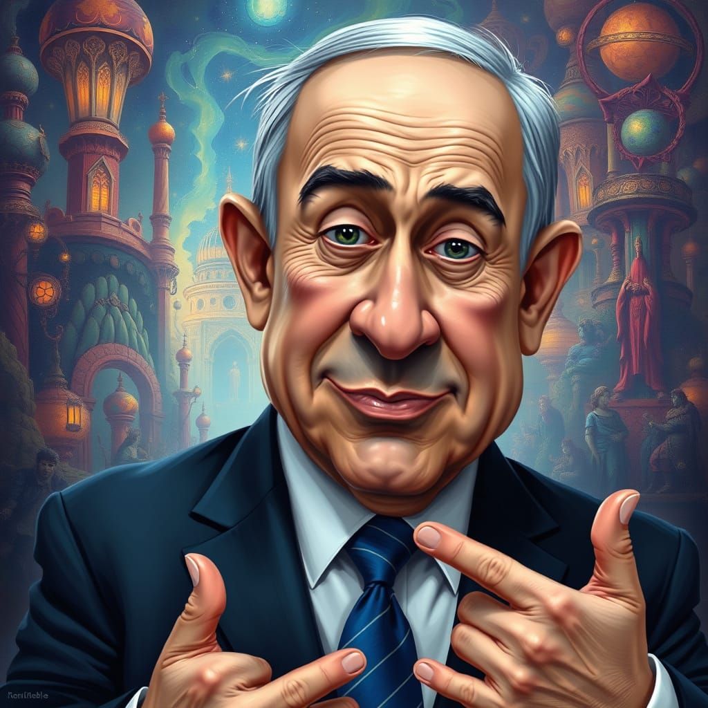 Benjamin Netanyahu in Whimsical, Fantastical Caricature