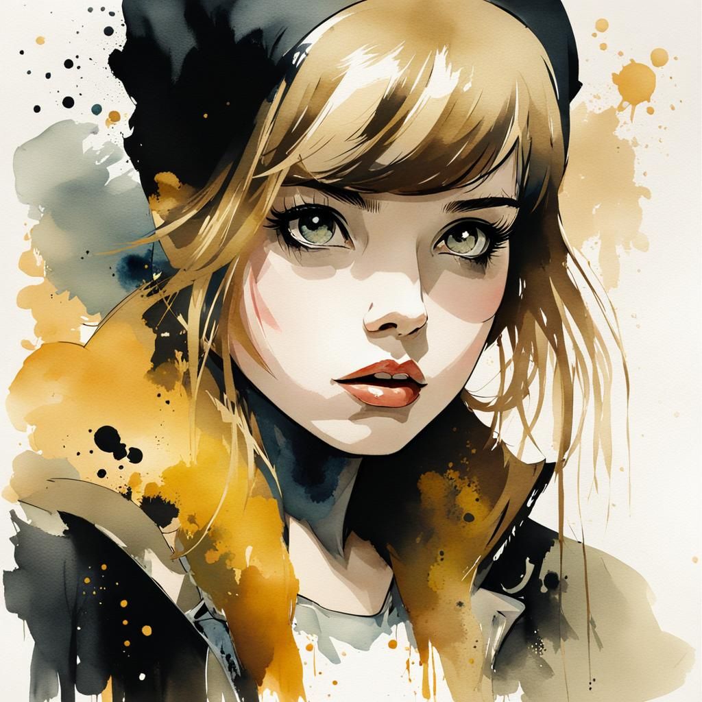 German Girl with Big Eyes in Watercolor Ink