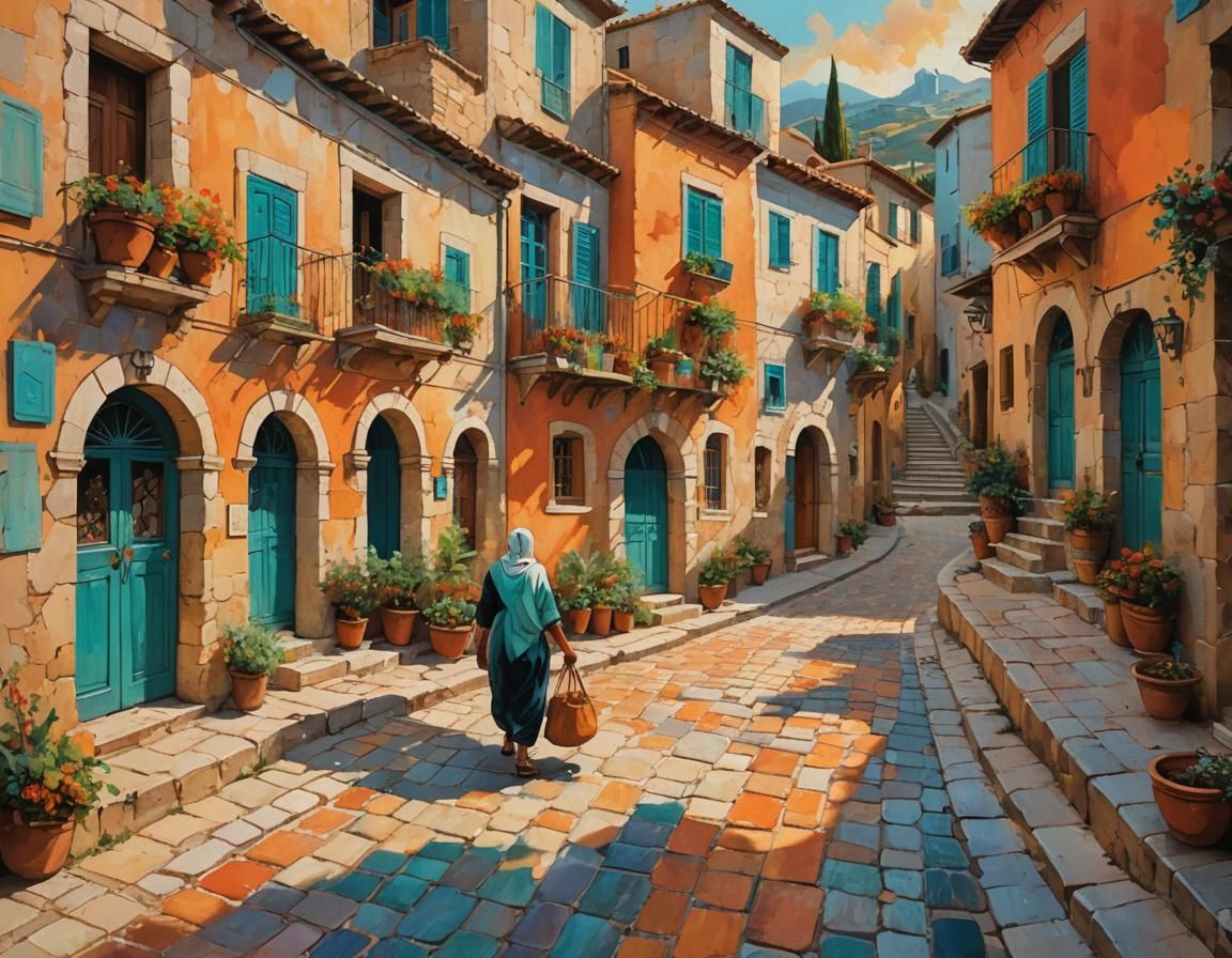 Mediterranean Village Street in Summer, Post-Impressionist S...