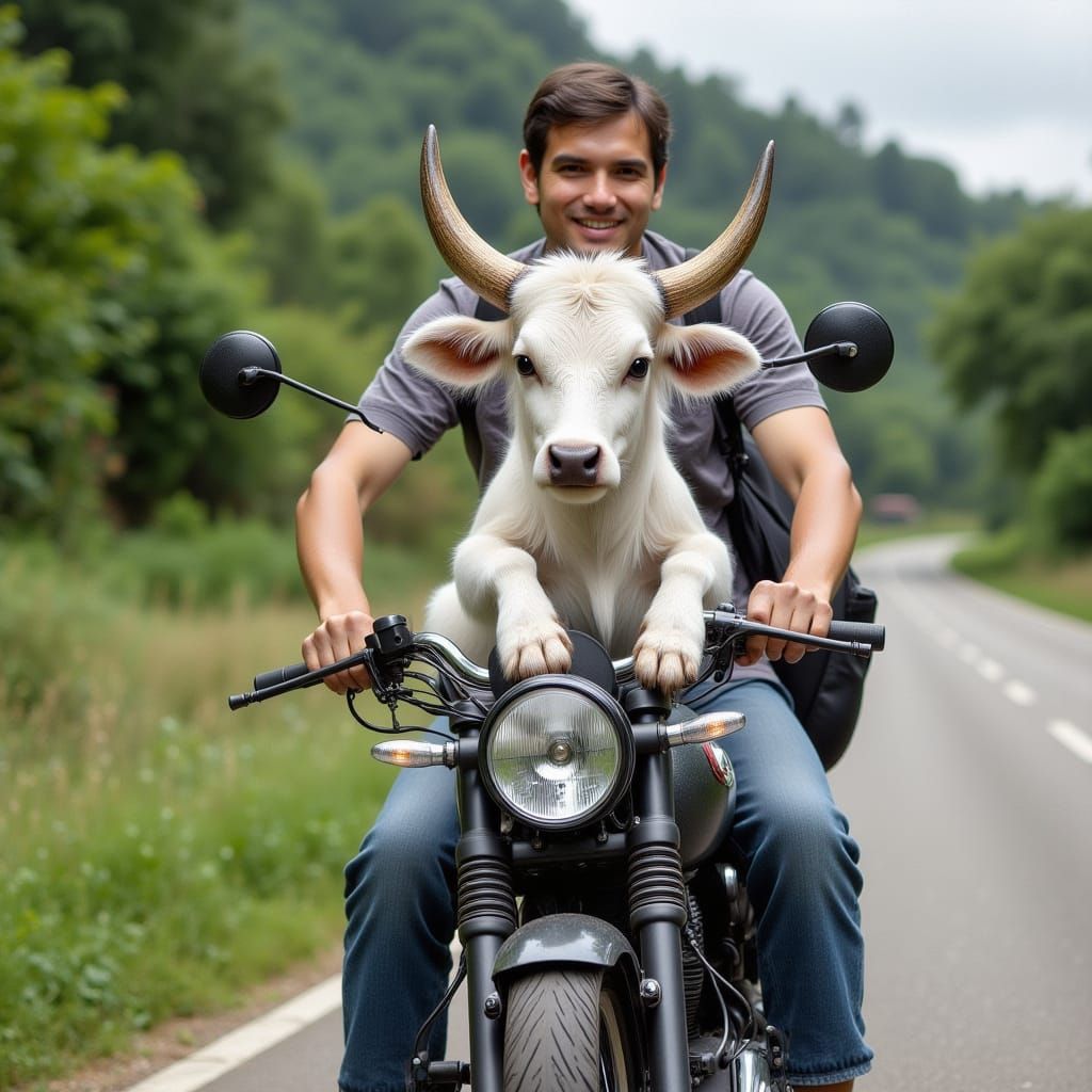 a mini white cow with big horns sits on a motorcycle with a ...