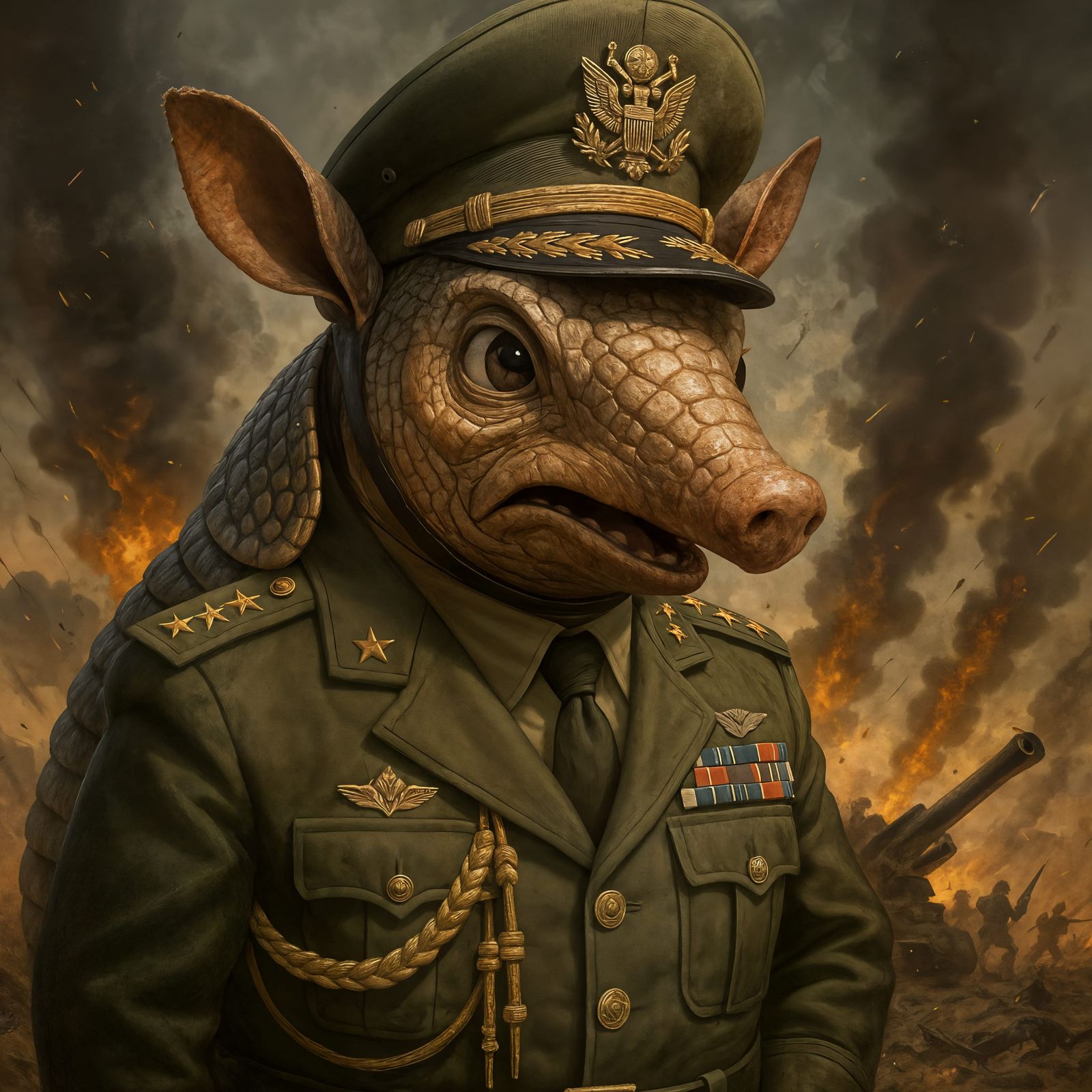 Cartoon Armadillo Army General in Battle