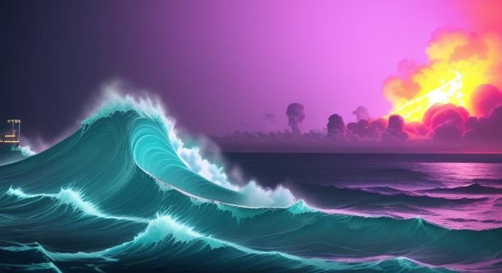 Giant Ocean Waves with Neon Lights and Steam