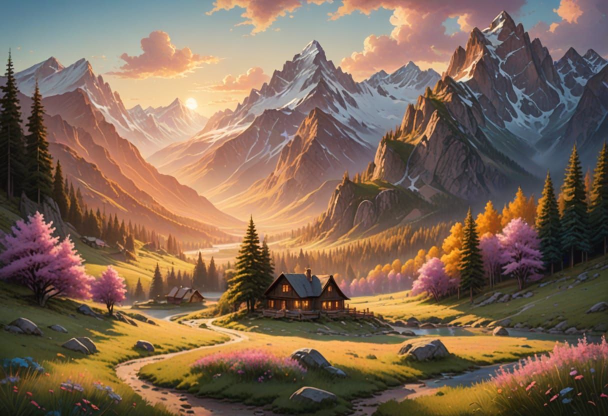 Surreal Digital Landscape with Majestic Mountains