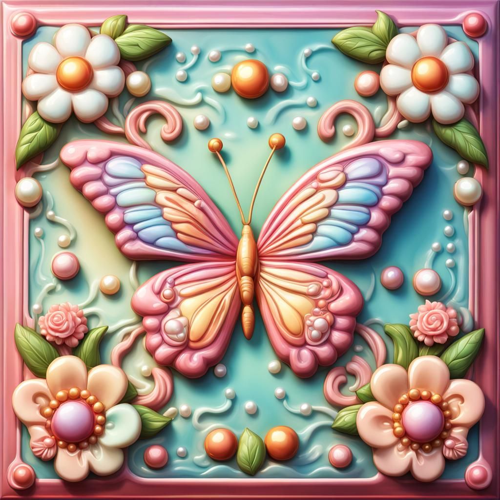 Embossed Tile with Butterfly in Candy Art Style