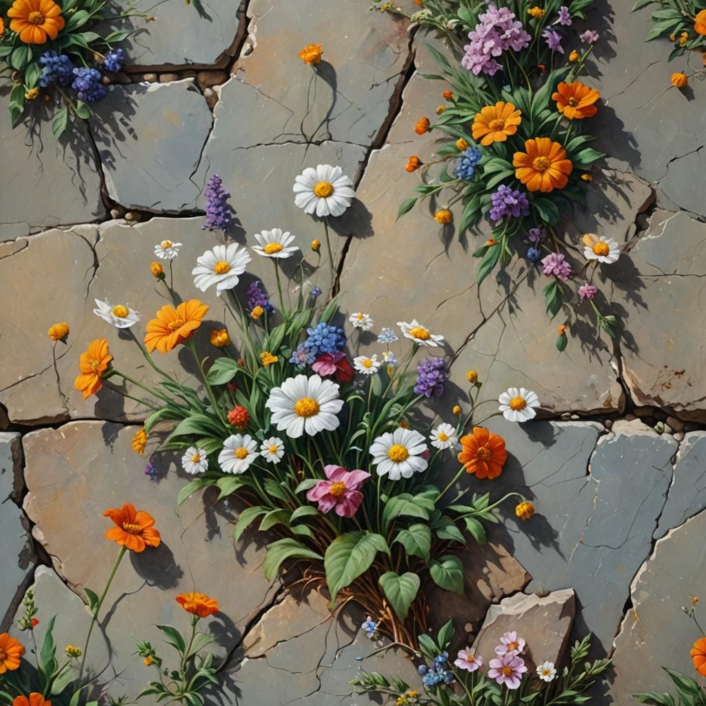 Whimsical Floral Scene in Oil as Chalk on Stone