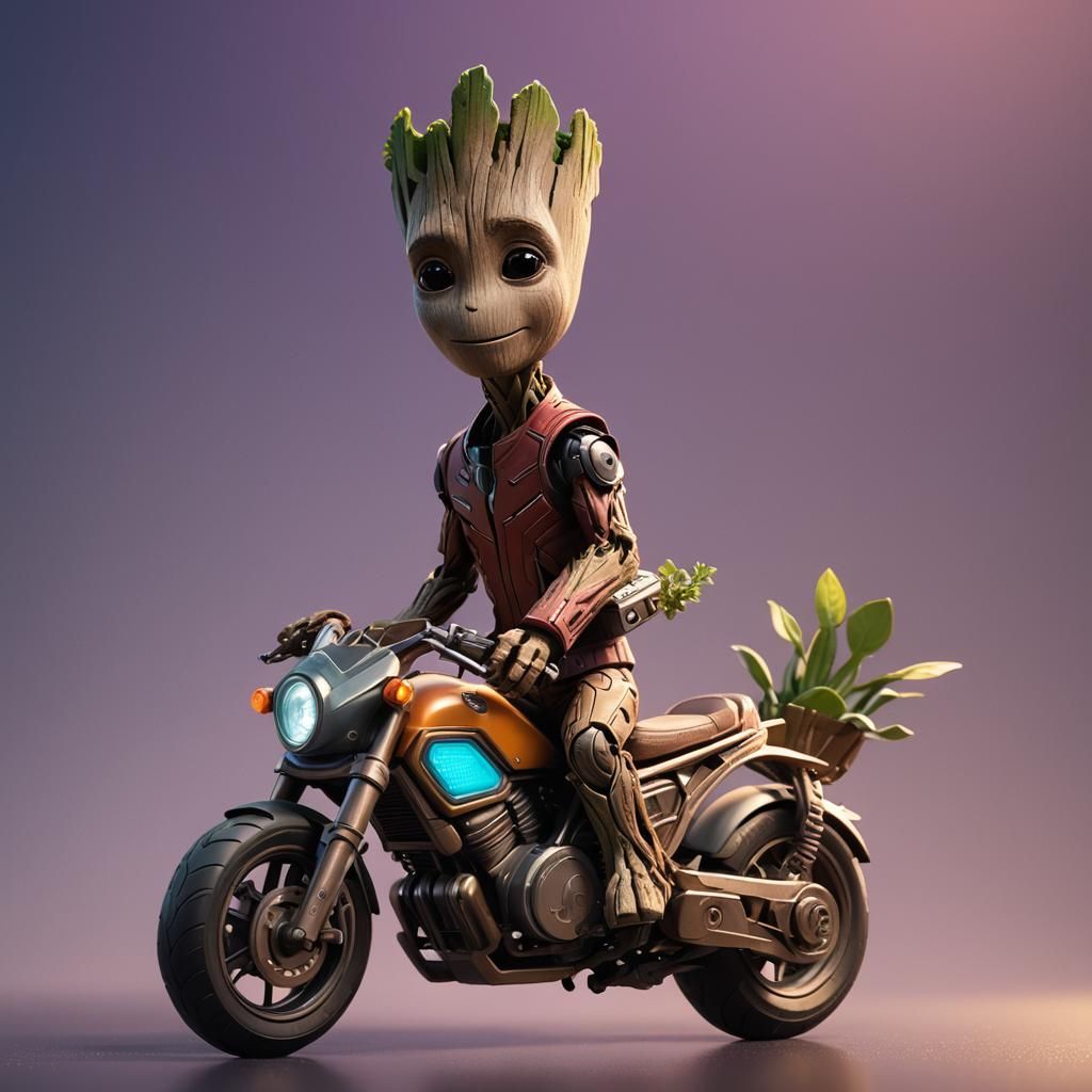 Baby Groot on Futuristic Motorcycle in 3D