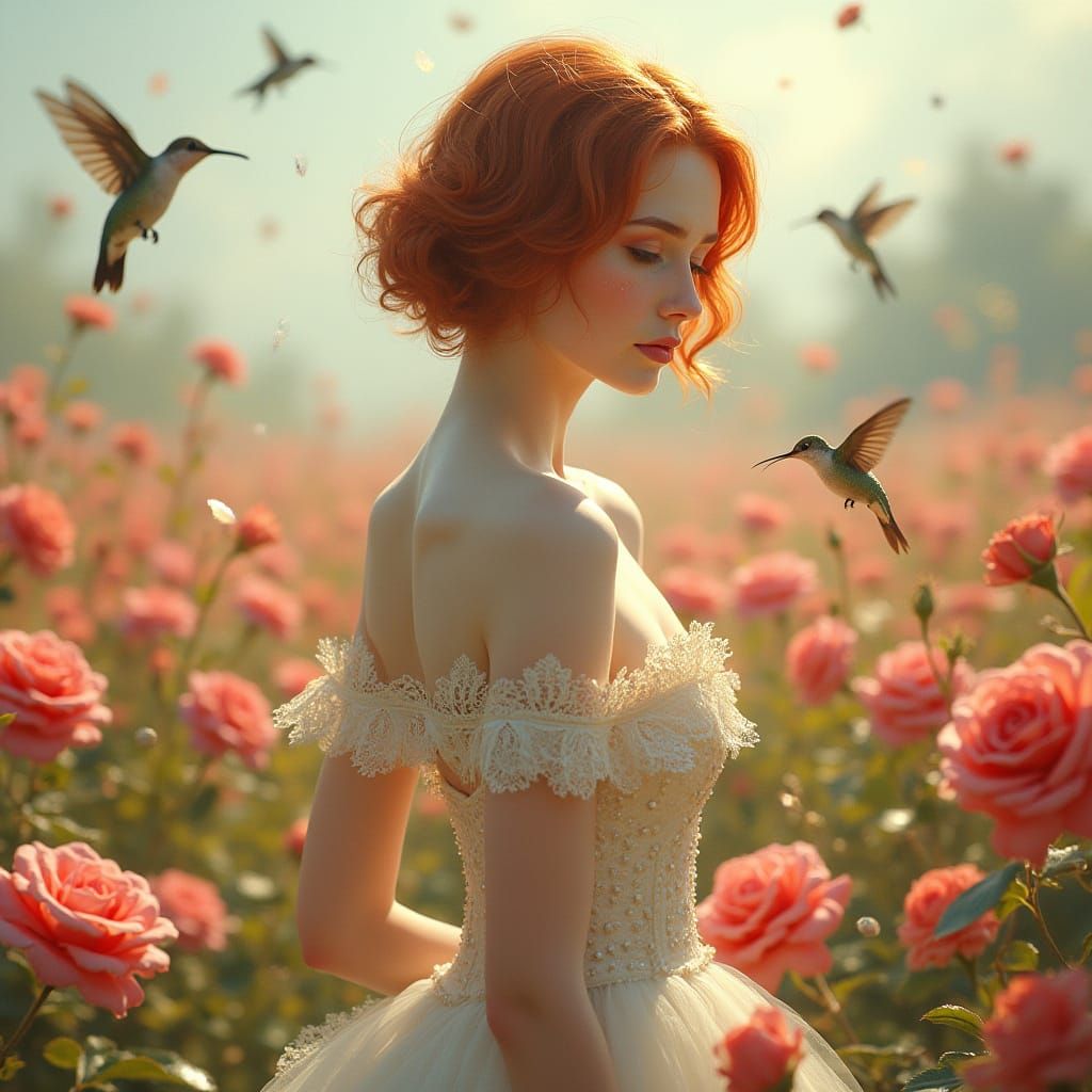 Woman in Vintage Gown in Rose Field
