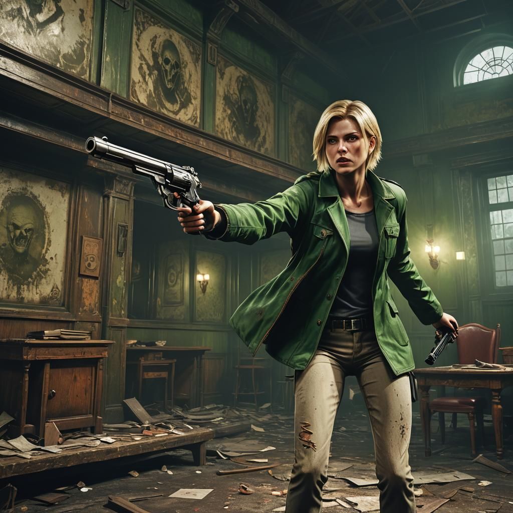 Girl Shooting Monster in Silent Hill Style Building