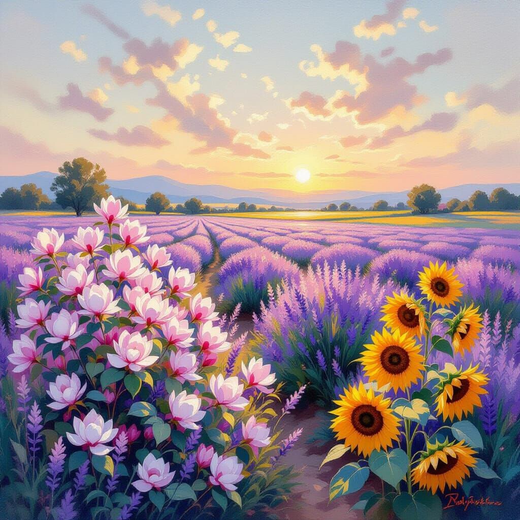 Ethereal Sunrise Over Flower Field in Impressionist Style