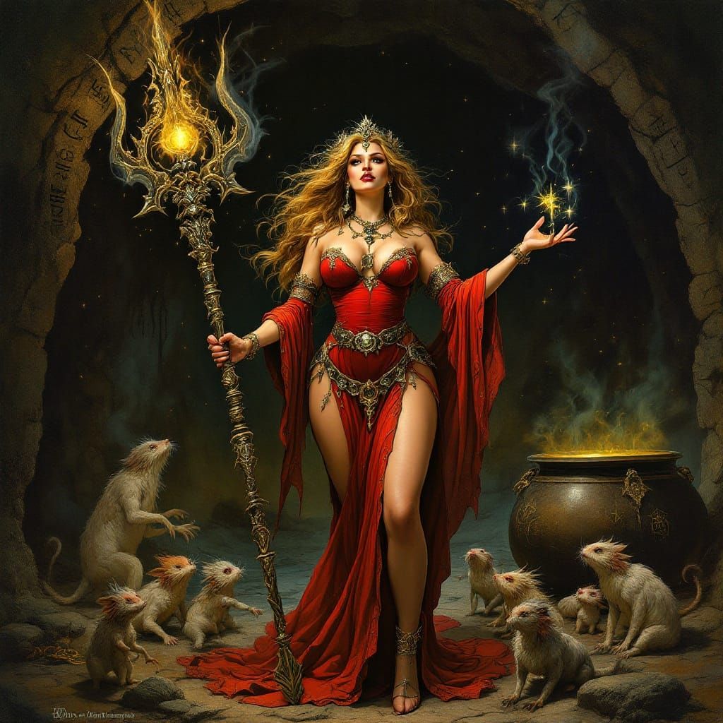 Curvy Sorceress Casting Spells in Mystical Cave