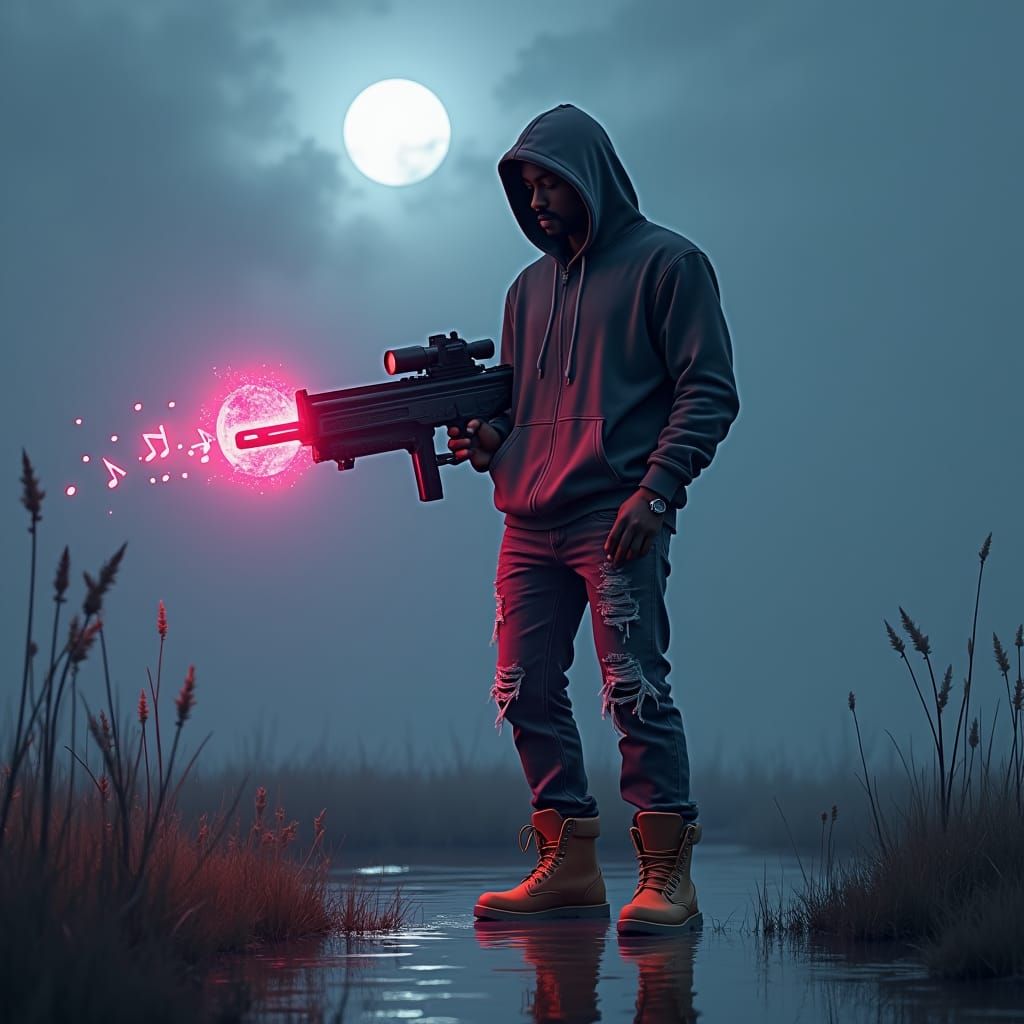 Cyberpunk Warrior Wielding Musical Weapon in Wetlands