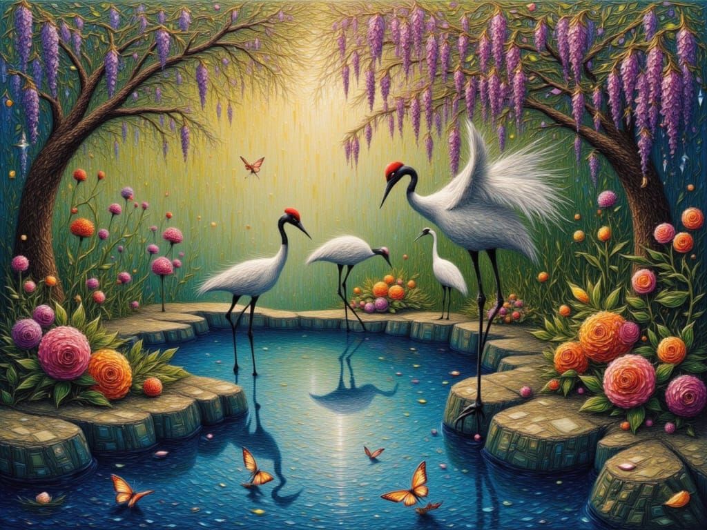 Dreamy Secret Garden with Cranes and Gemstones