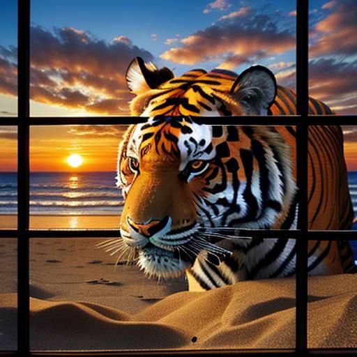 Stained Glass Cow Kisses Wool Tiger at Sunset