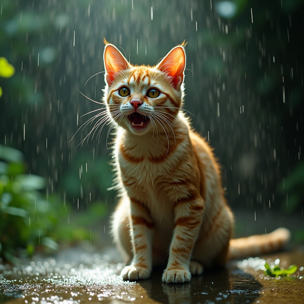 Startled Wet Cat in Outdoor Shower, Cinematic Still