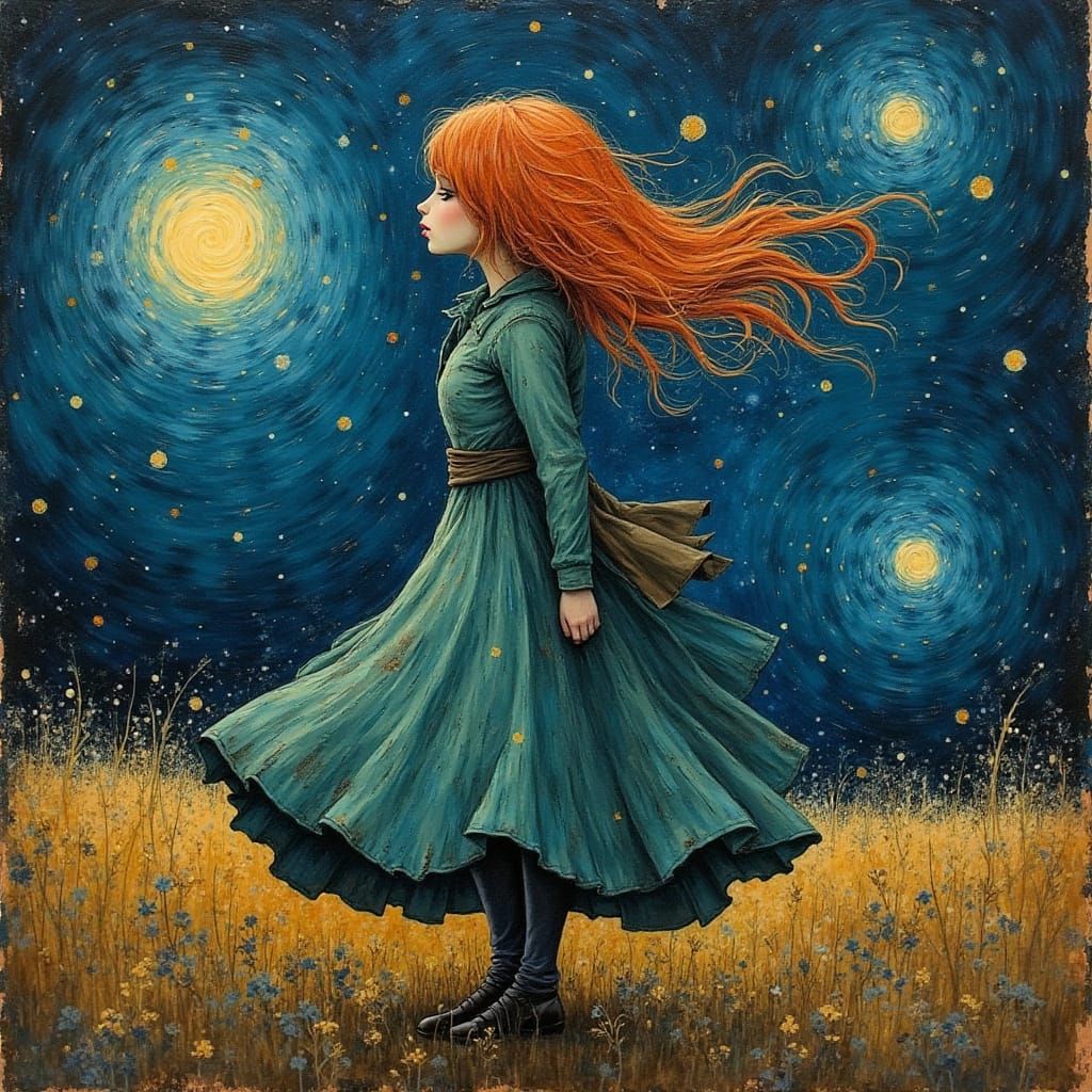 Whimsical Woman in Starry Landscape: Grunge Fusion