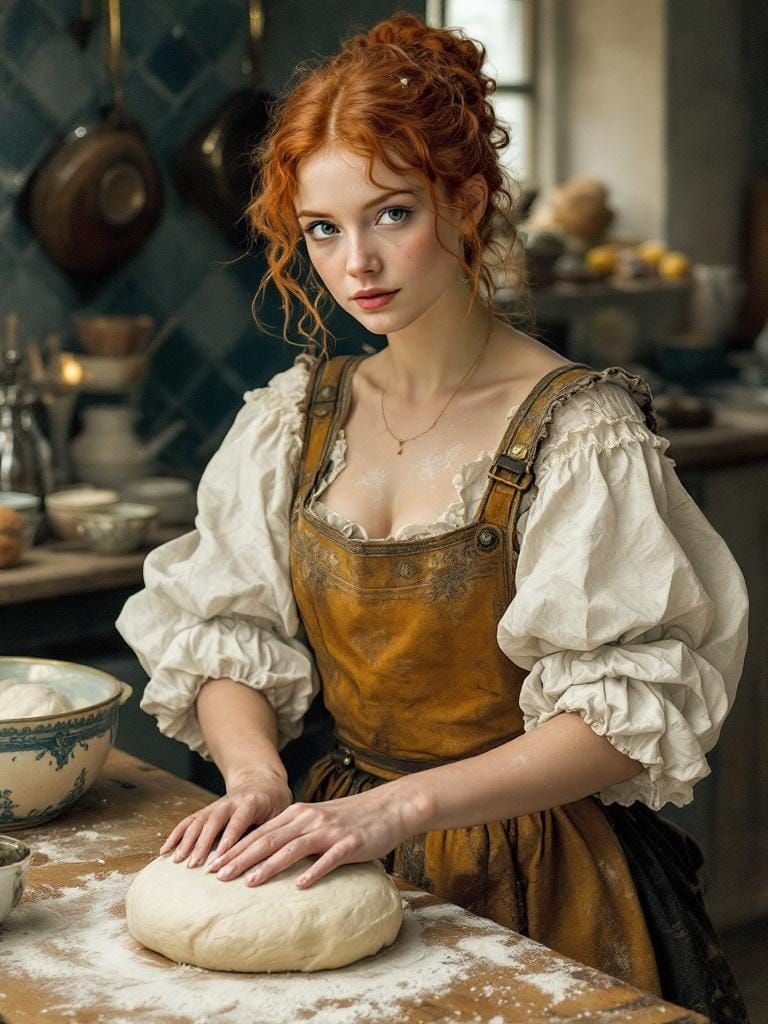 Redhead Baker Kneading Dough in Art Nouveau Style