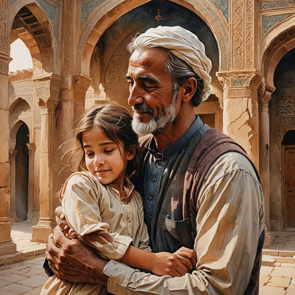 Father and Daughter Embrace in Gouache Impressionism