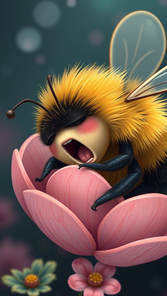 Sleepy Bumble Bee in Tiny Flower, Cartoon Style