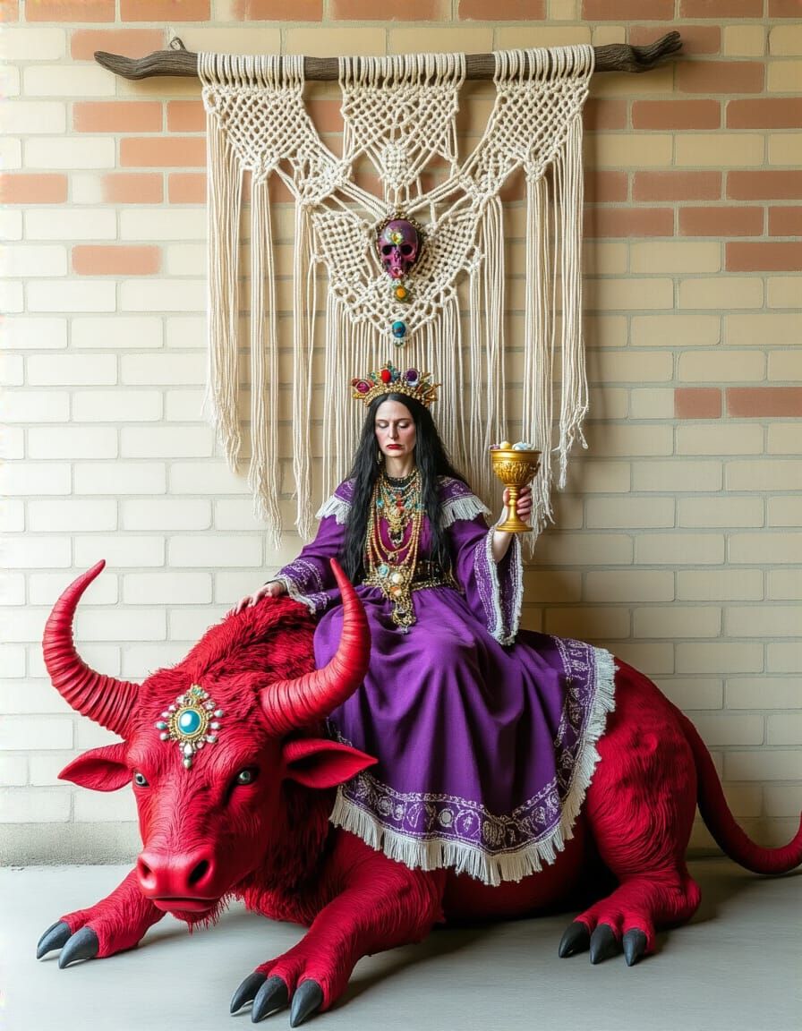 Apocalyptic Folk Art Macramé Wallhanging "Scarlet Woman"