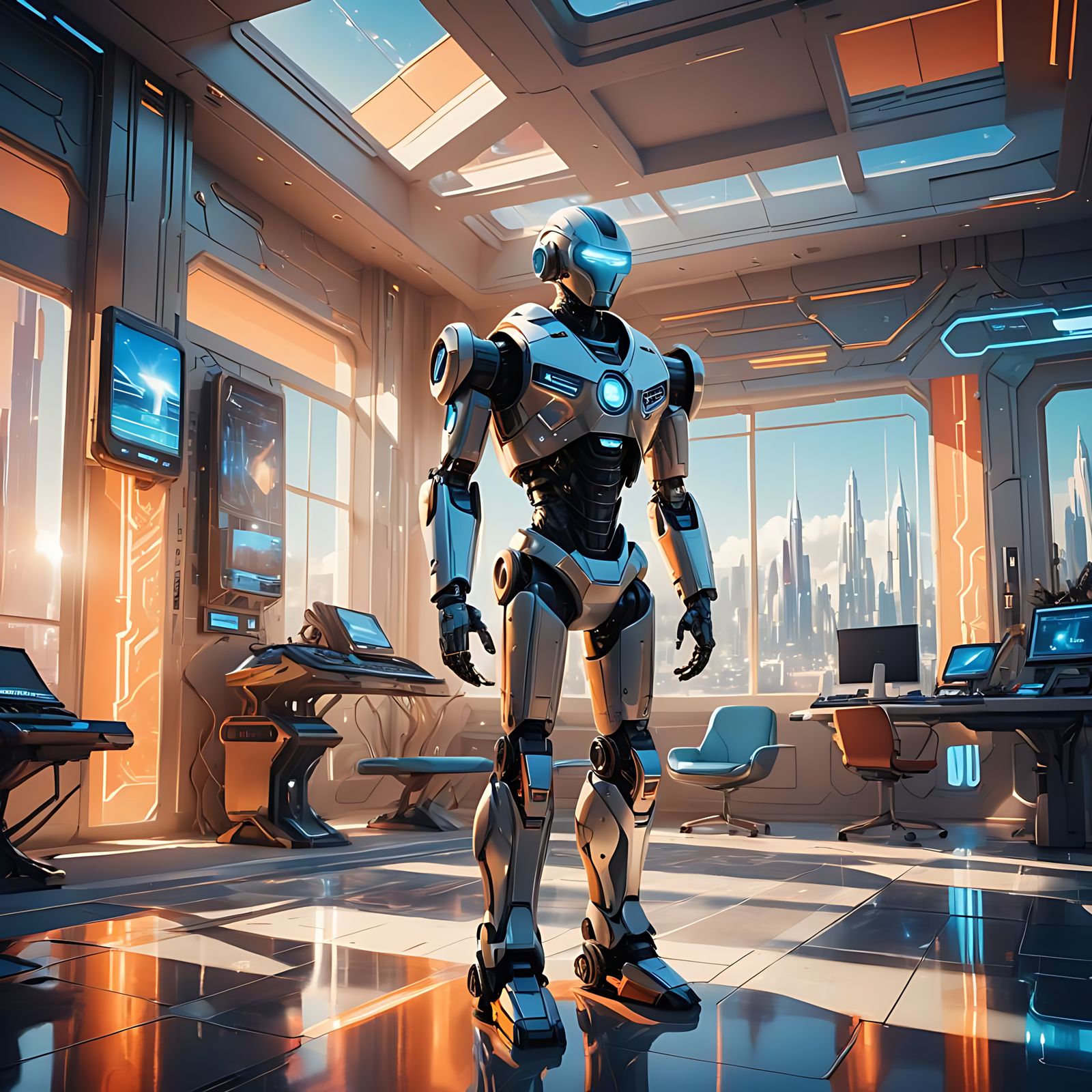 Futuristic Mansion with Robots in High-Tech Setting