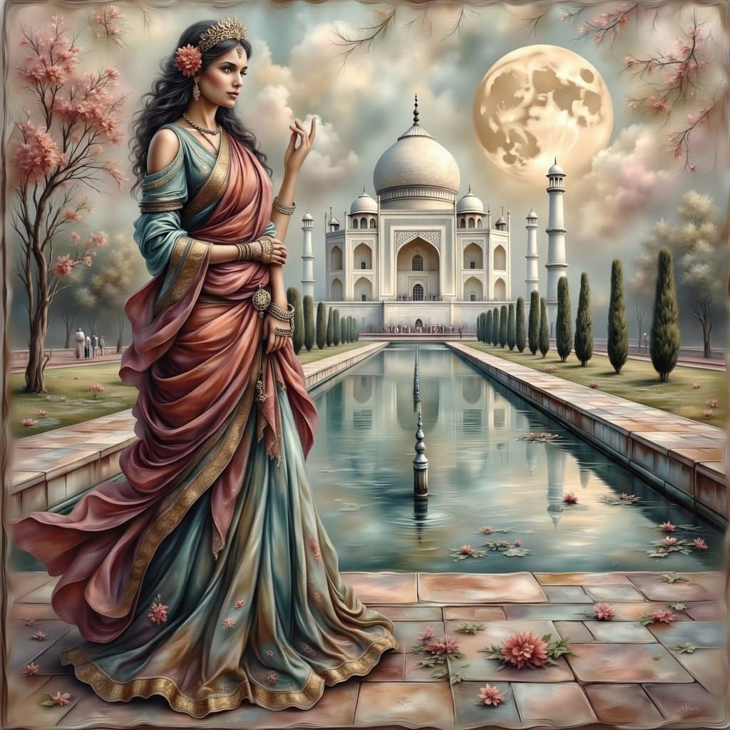 Surreal Indian Woman in Antique Attire at Taj Mahal
