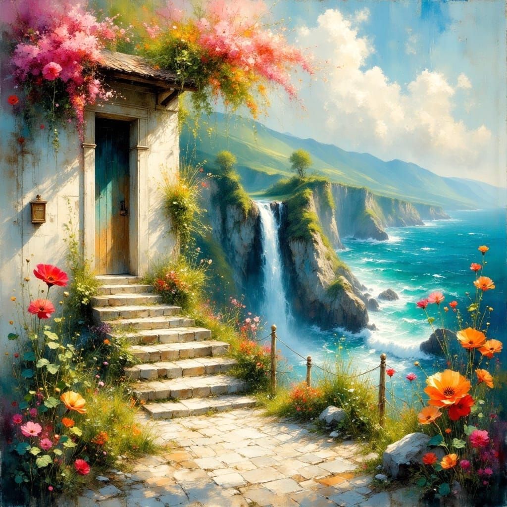 Dreamscape: Stone Path to Waterfall with Monet Bridge