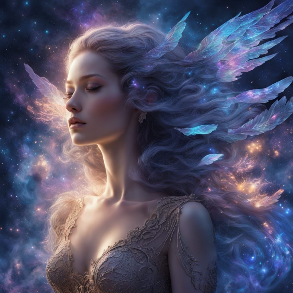 Enchanting Goddess in Cosmic Backdrop, Vibrant Oil Painting