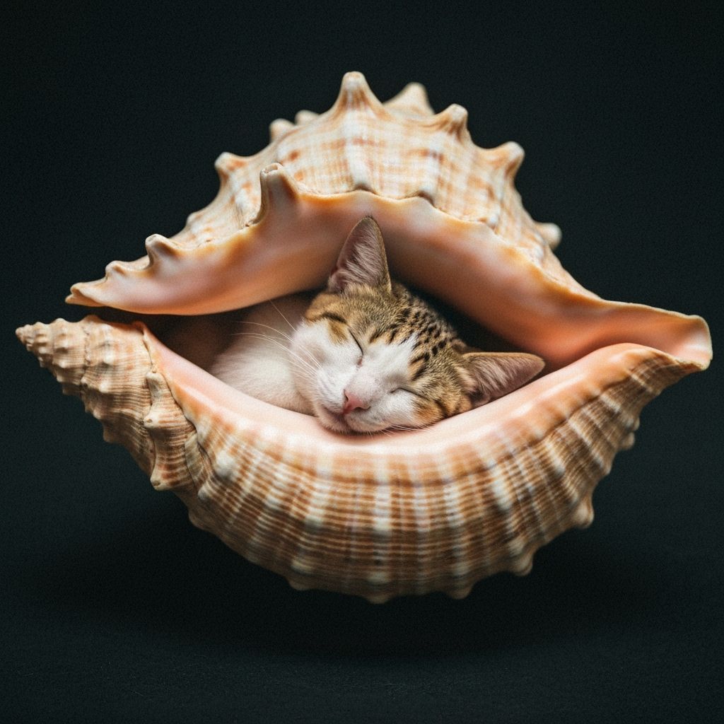 A cat asleep in a very large conch shell