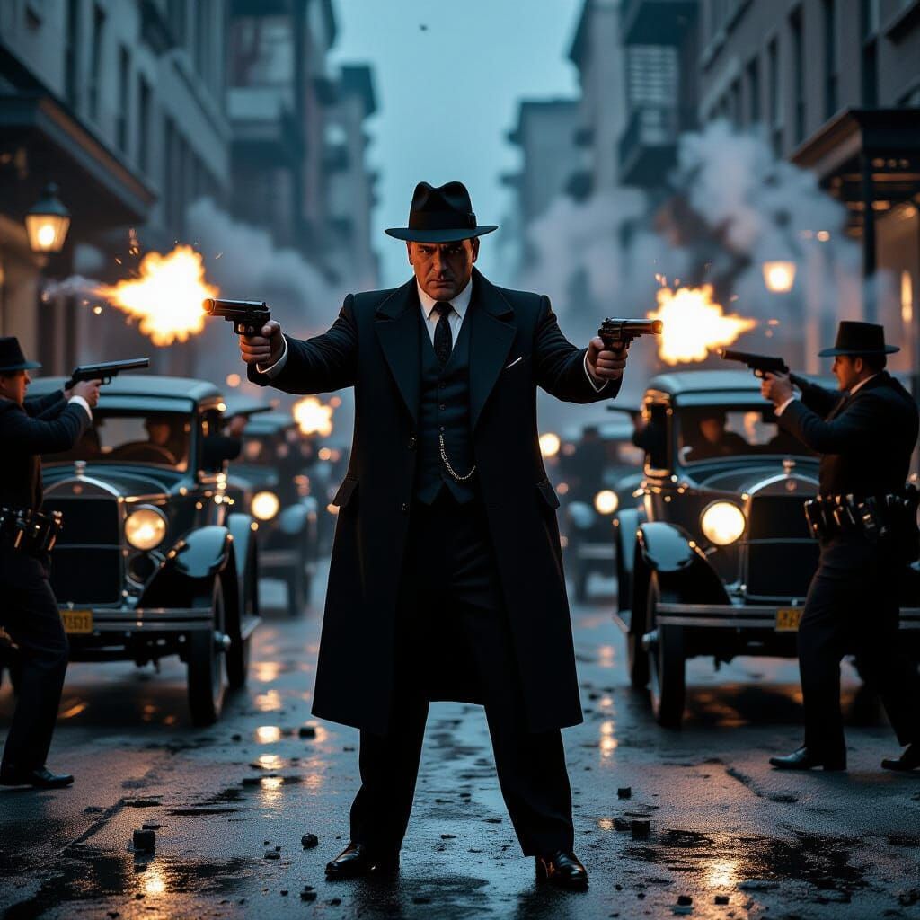 Al Capone in 1920s Gangland Battle, Film Noir Style