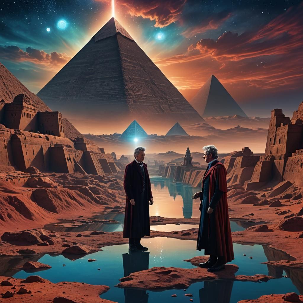 Time Travelers by Pyramids in Vibrant Digital Art