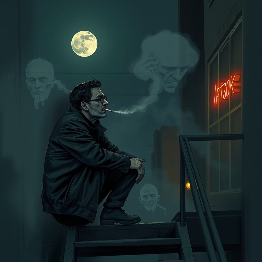 Haunted Man on Fire Escape in Dystopian Style