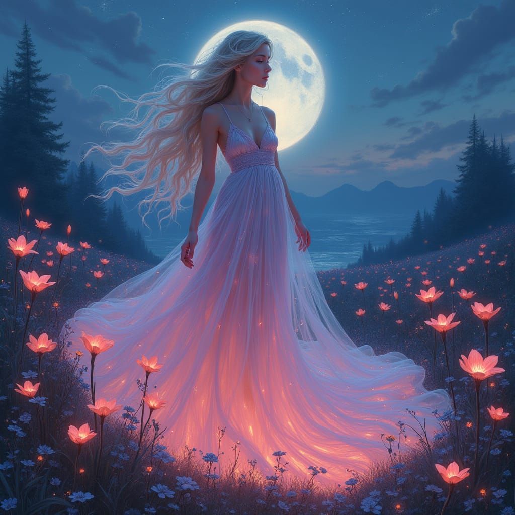 Ethereal Norse Goddess in Bioluminescent Garden