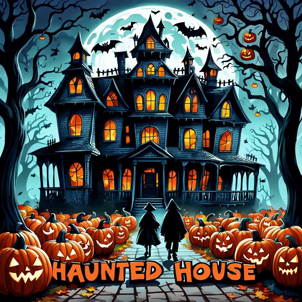 Festive Haunted House Scene With Bubble Lettering