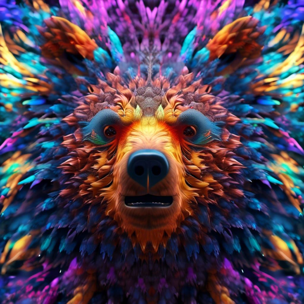 Fractal Bear with Luminous Eyes and Wings