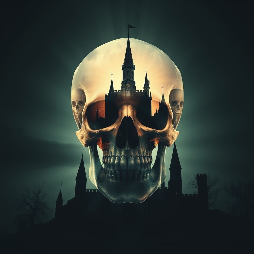 Ethereal Skull Amidst Haunted Castle Ruins in Holographic Li...