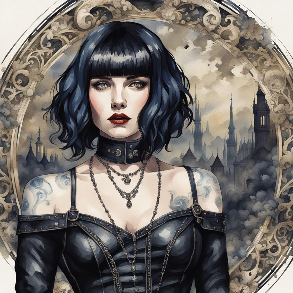 Gothic Woman in Biker Outfit: Watercolor Illustration