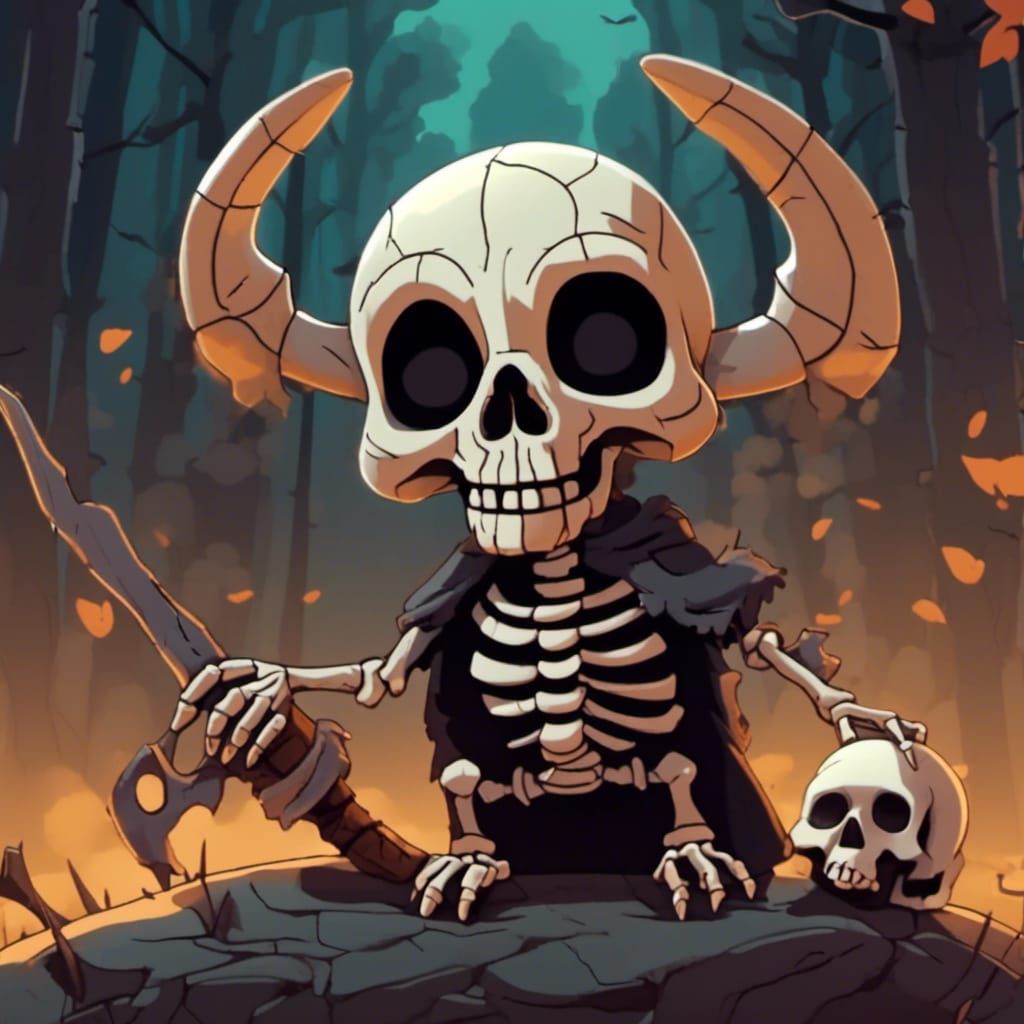 Cute Cartoon Animal with Skull in Surreal Scene