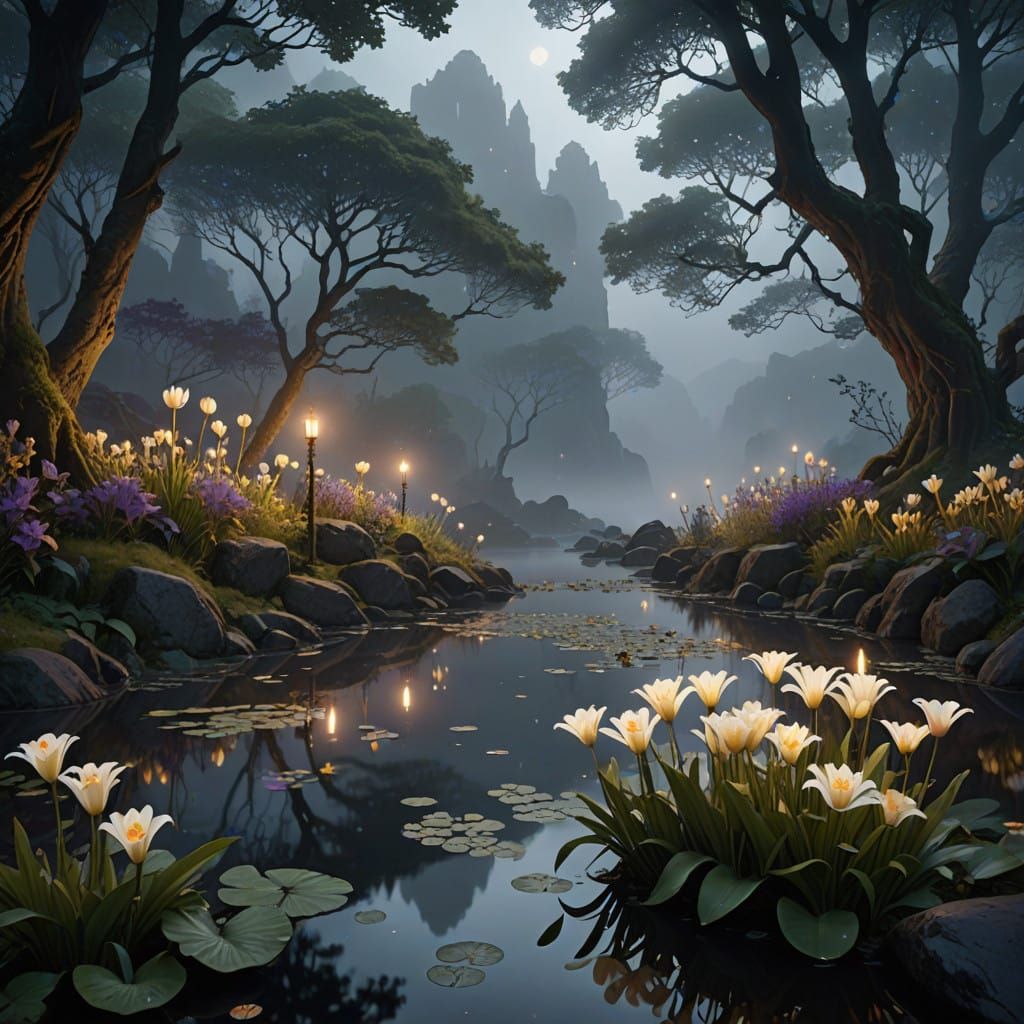 Ethereal Mist Over Ancient Lake in Art Nouveau Style