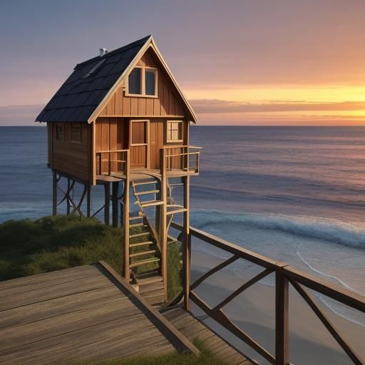 Sunset View of a Small Stilt House on the Beach