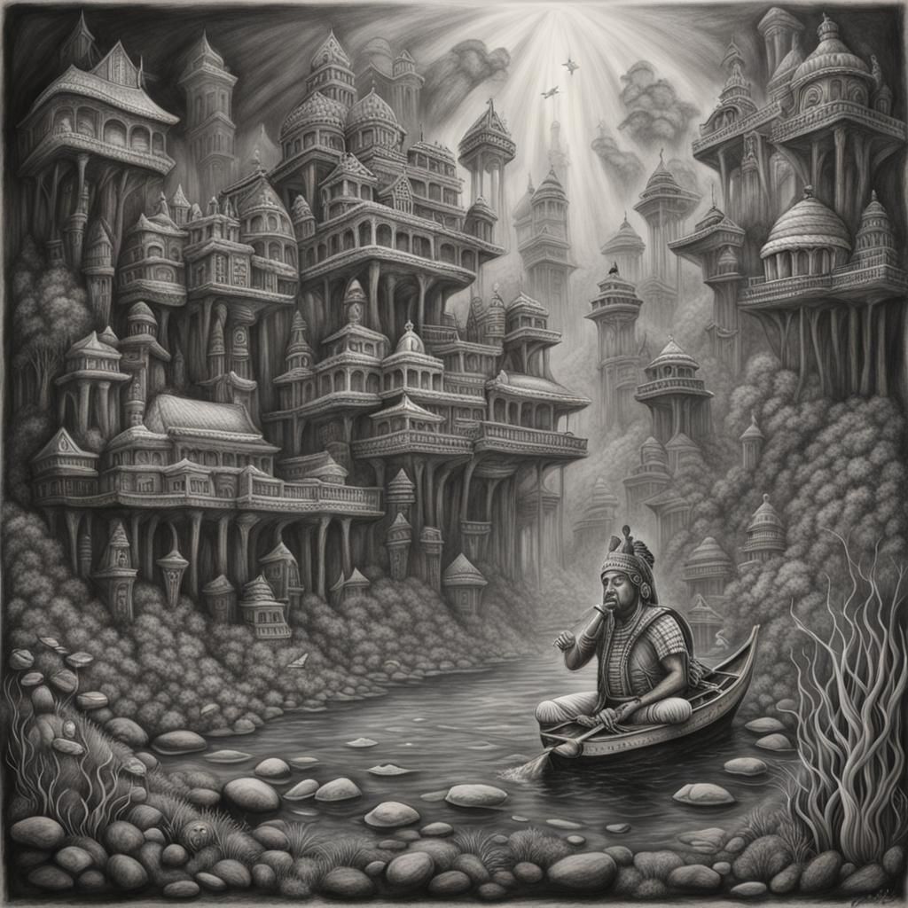 Underwater City with Indian Papoose: Charcoal Drawing