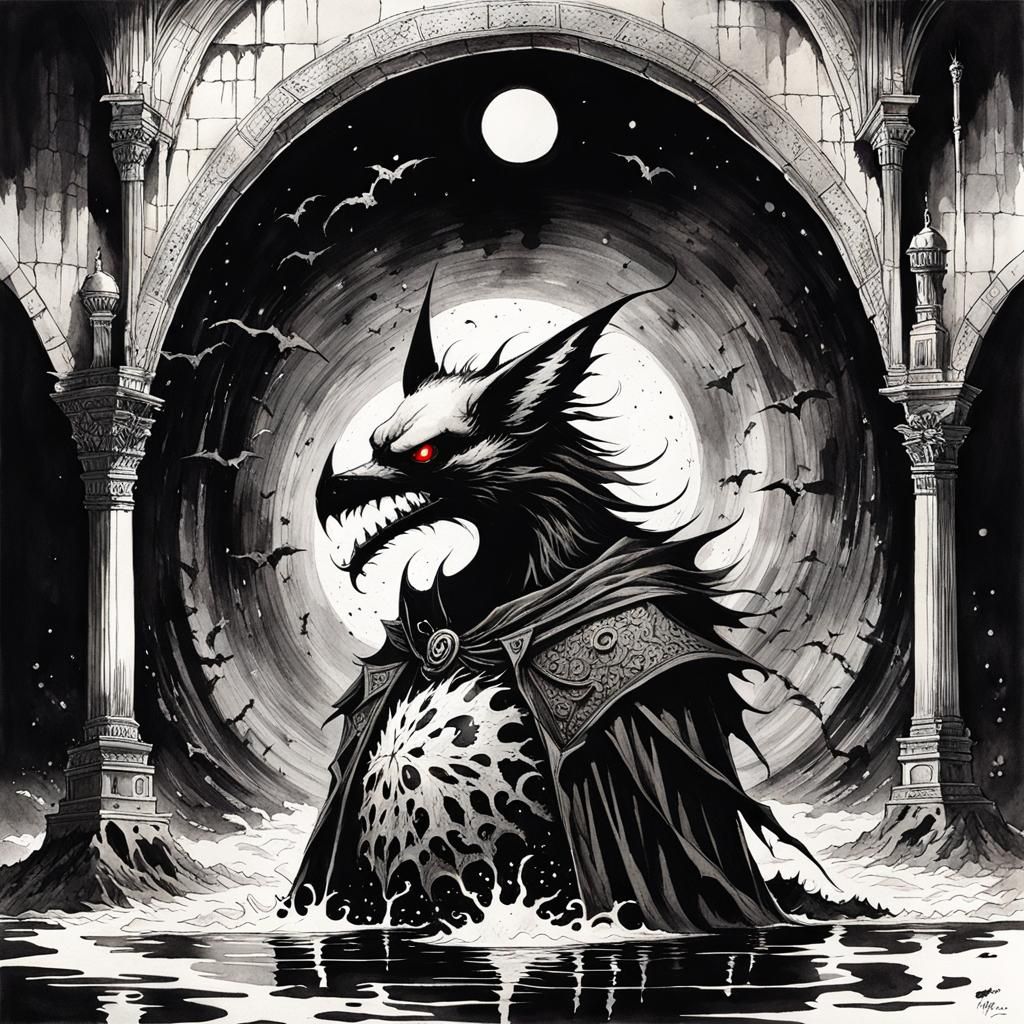 Monochrome Watercolor of Cosmic Bat Echolocation