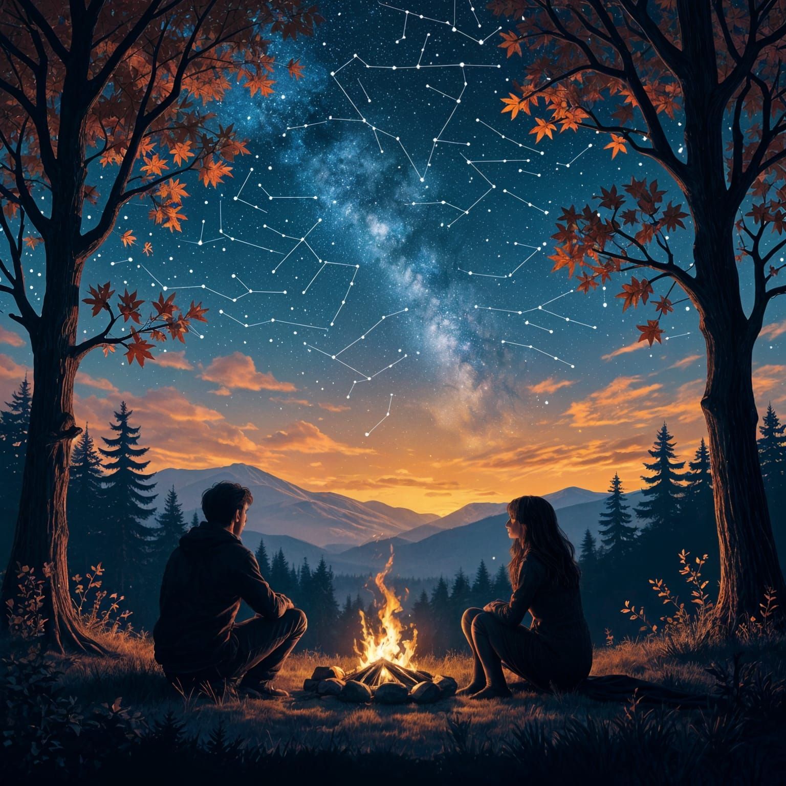 Silhouette Art: Couple Stargazing by Bonfire