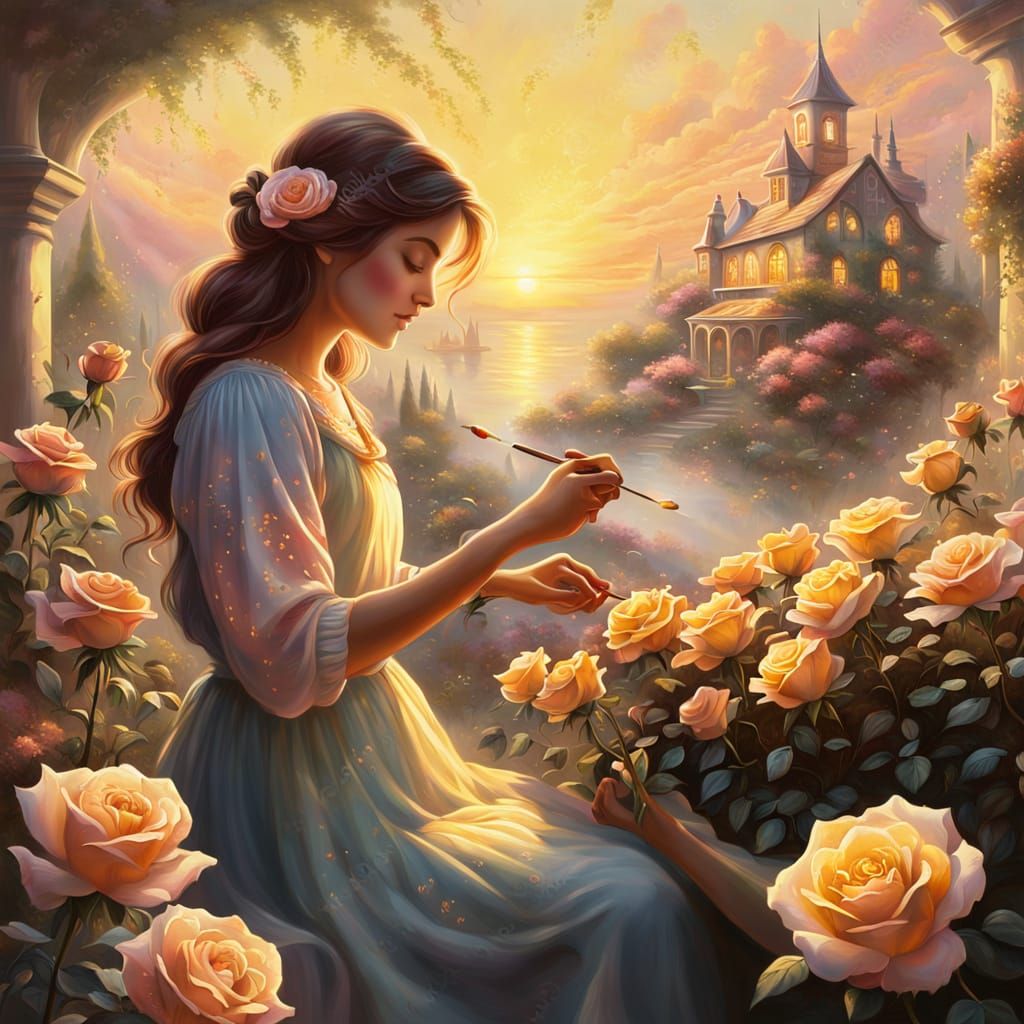 Artist Painting Sunrise Mural in Kinkade Style