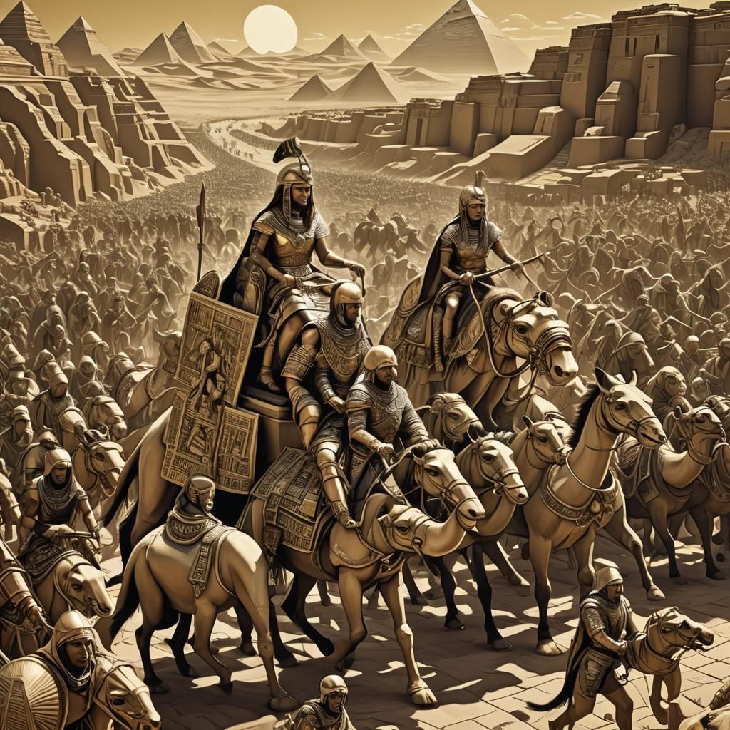 Egyptian Queen Leads Army in Escher Art Style