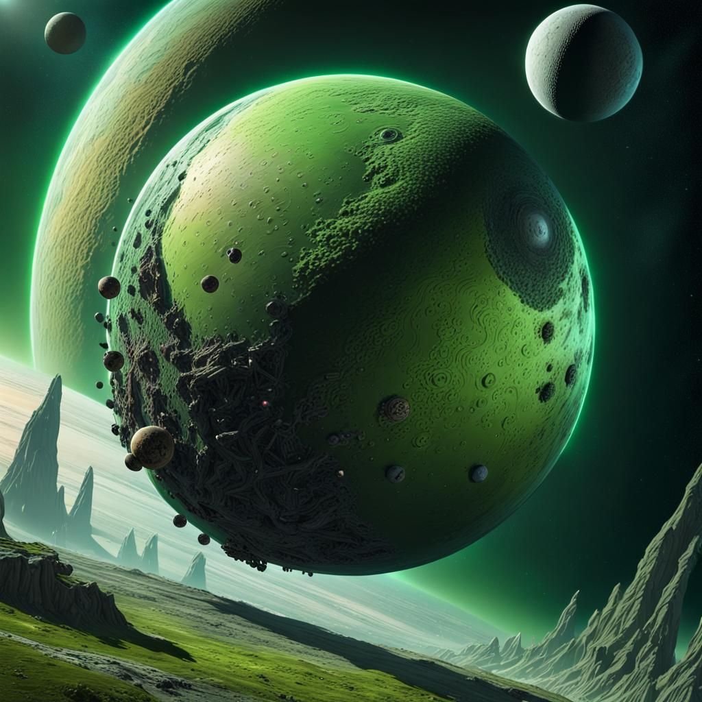 Spaceship Exploring a Green Exoplanet with Moons
