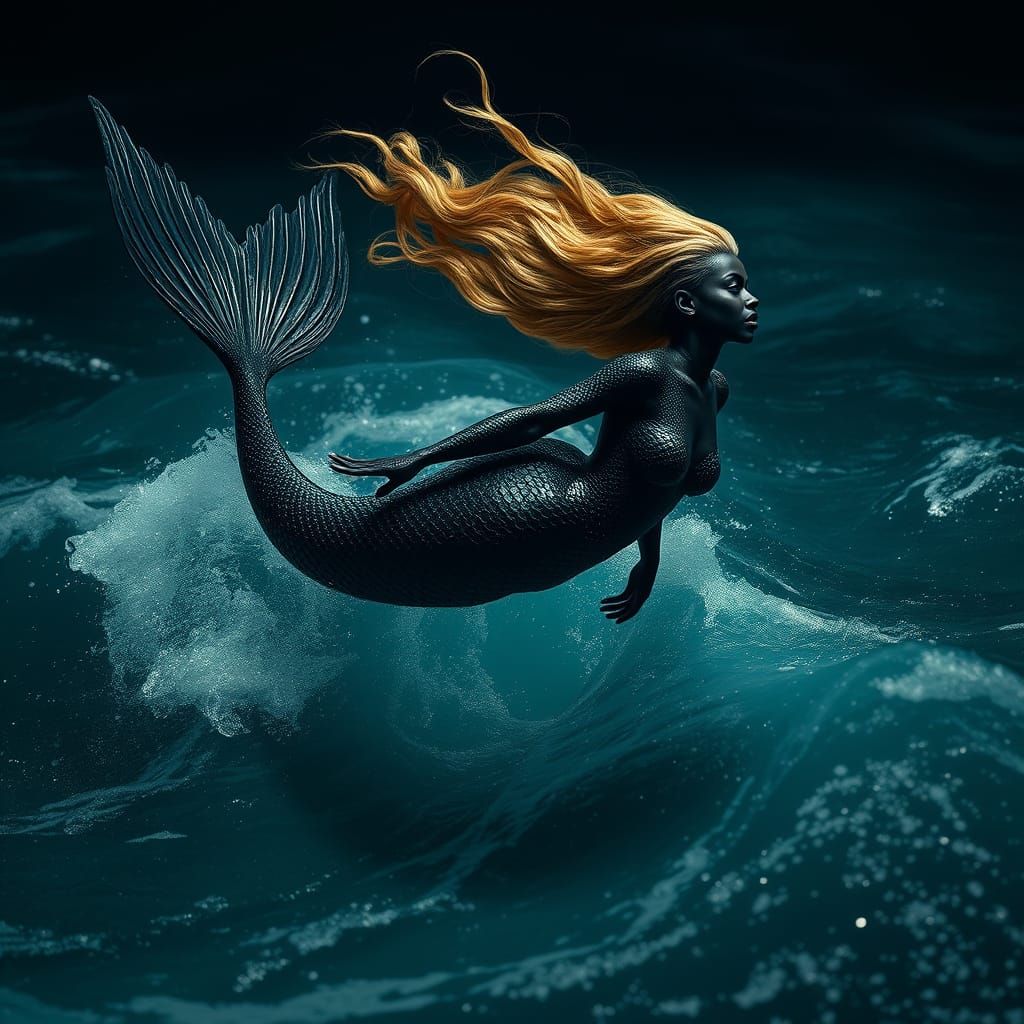 African Queen Mermaid in Turbulent Night Ocean